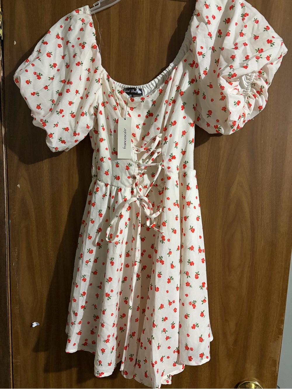 Francesca's Collections Cream Dress with Red Floral Print and Puff Sleeves